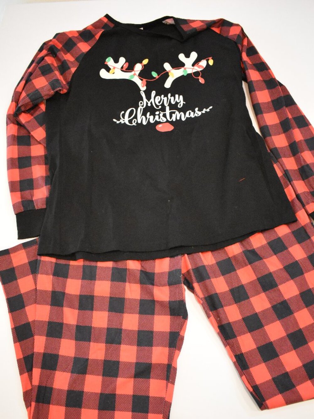 Women L Christmas Pajama Set Reindeer Buffalo Plaid Red Black 2 Piece Holiday PJ